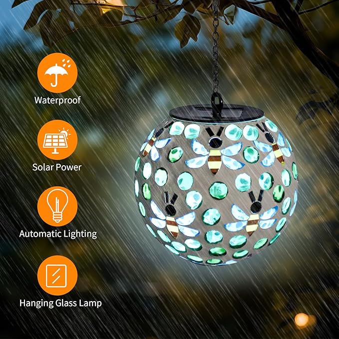 VCUTEKA Solar Chandelier Outdoor, Hanging Mosaic SolarLights with Hook Up, Solar Garden Lantern Decor for Yard, Deck and Patio, Green