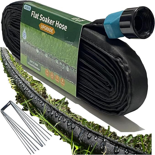 2025 Flat Soaker Hose 25 ft with Stakes for Garden, 25ft Linkable Drip Hose Diy Garden Irrigation System Saving 80% Water, Dual-layer Leak-free Design Water Hose with Holes