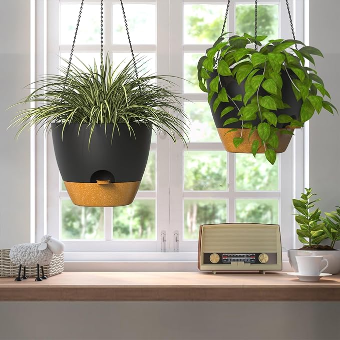 ZMTECH 12 Inch Hanging Planters for Indoor Outdoor Plants, 2 Pack Self Watering Hanging Plant Pots with Drainage Hole, Visual Reservoir, Plastic Flower Hanging Pots with Watering Lip (Black)