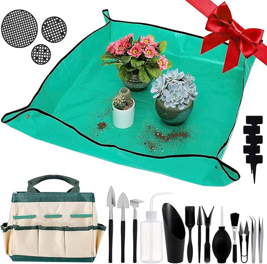 44 pcs Succulent Tool Set - 39.4" Indoor Plant Repotting Mat and 19 Pcs Mini Gardening Hand Tools Bag, Garden Plants Transplanting Supplies for Women Gardener Gifts Outdoor, Green