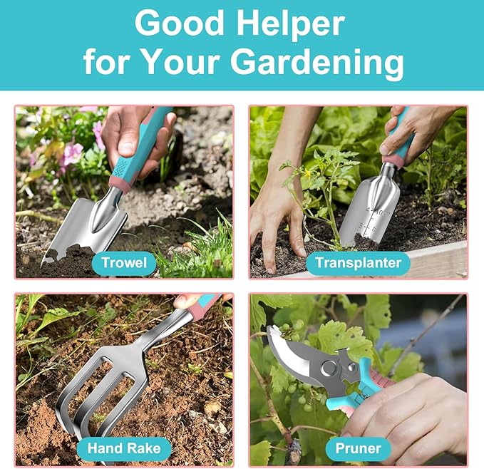 6 Pcs Garden Tool Set, Gardening Hand Tools Aluminum Alloy Starter Kit with Garden Bag, Heavy Duty Outdoor Tool Set with Ergonomic Handle, Gardening Gifts (No Flower Pattern)