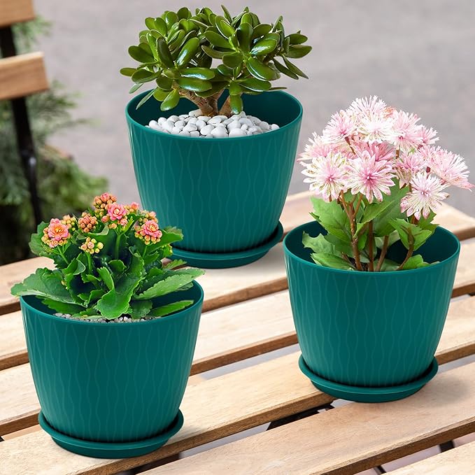 Plant Pots – 6 Inch Planters with Drainage Holes and Saucers, Flower Pots for Indoor and Outdoor Plants, Nursery Planting Pots (Pack of 5, Blue)
