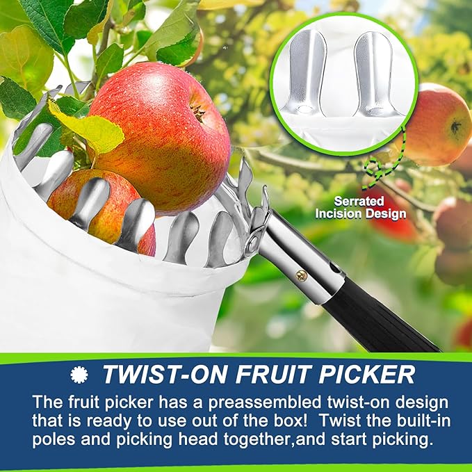 Fruit Picker Pole Tool with Basket Telescoping, 3.2FT-7.9FT Adjustable Pole, Apple Picker Tool with Soft Bag, Long Handle Picker for Avocado, Lemon, Orange, Mango, Limes, Persimmons, Plums