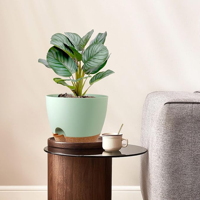 8 inch Self Watering Pots, 2 Pack Plastic Planters with Mesh Drainage Holes for Garden Plants and Flower, Plants Pots with Deep Reservoir for Indoor Outdoor Plants, Green with Brown