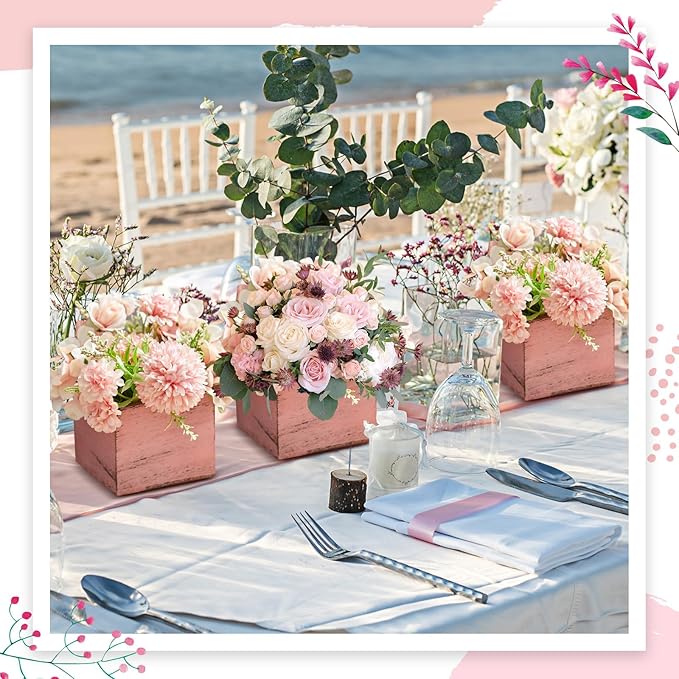 Dandat 4 Set Wood Cube Planter Box Square Wood Vase Rustic Cube Planter Box with Removable Plastic Liner Floral Foam Blocks for Centerpieces Home Wedding Garden Decor, Country Style (Pink)