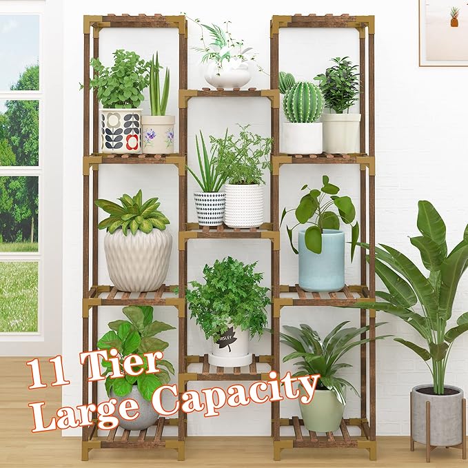 HOMKIRT Plant Stand Indoor Outdoor, 11 Tier Reinforced Plant Shelf Tall for Multiple Plants, Large Wood Plant Rack Holder, Garden Shelves, Flower Stand for Living Room Patio Corner