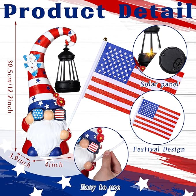 VIHOSE 11.8 Inch 4th of July Patriotic Solar Gnomes Statues USA Solar Gnome Outdoor Figurine Lights for Outside Lawn Ornaments Garden Porch Patio Balcony Yard Fourth of July Gifts for Mom Women