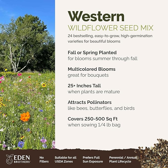 Eden Brothers Western Wildflower Mixed Seeds for Planting, 1/4 lb, 120,000+ Seeds with Cornflower, Blanket Flower | Attracts Pollinators, Plant in Spring or Fall, Zones 3, 4, 5, 6, 7, 8, 9, 10