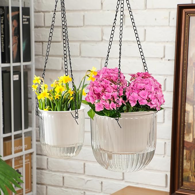 Maxcheck 4 Pcs Self Watering Hanging Planters Indoor 6.5'' 4.5'' Hanging Flower Pots Baskets Outdoor Self Watering Hanging Plant with 3hooks Drainage Holes for Home(Transparent)