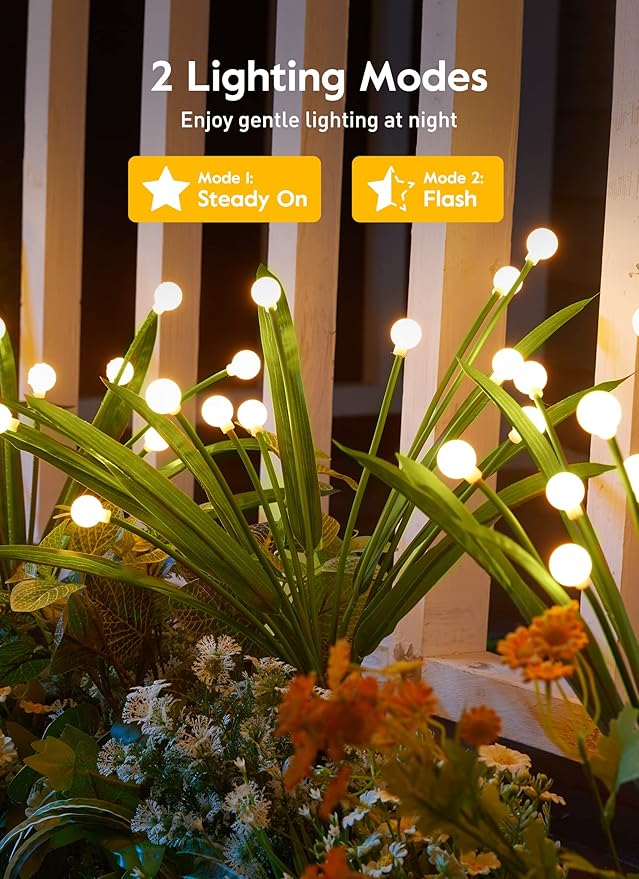 4 Pack 48 LED Solar Firefly Lights with Leaves, Solar Garden Lights Outdoor Decoration with 2 Lighting Modes, Waterproof Solar Outdoor Lights Decorative, Solar Lights for Outside Pathway, Warm White