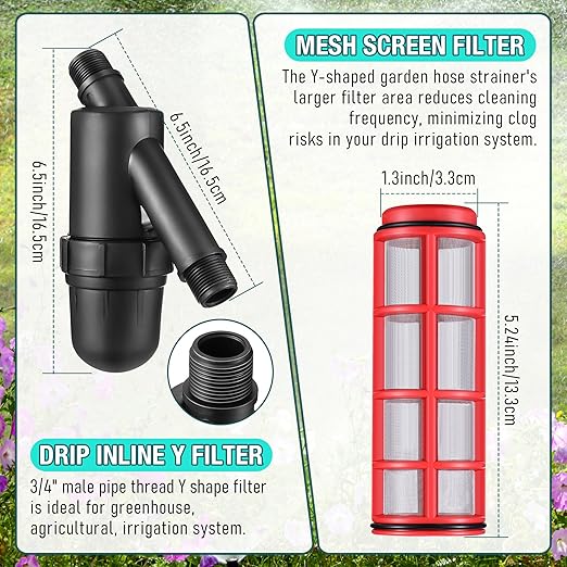 2 Pack Drip Irrigation Pressure Regulator Kit, Drip Irrigation Filter with 25 PSI 3/4'' Hose Thread Pressure Regulator, with Metal Connector, for Drip Irrigation System, Pressure Reducer