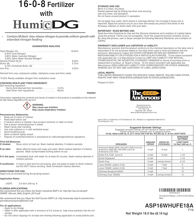 The Andersons Professional PGF 16-0-8 Fertilizer with Humic DG 10,000 sq ft 40lb Bag