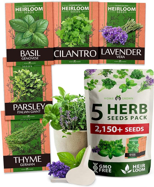 5 Herb Seeds Variety Pack - Culinary Herb Garden: Basil, Lavender, Cilantro, Parsley & Thyme Seeds for Planting Indoors/Outdoors 2000+ Non-GMO Heirloom Herb Seeds w/Bonus Markers & Grow Guide