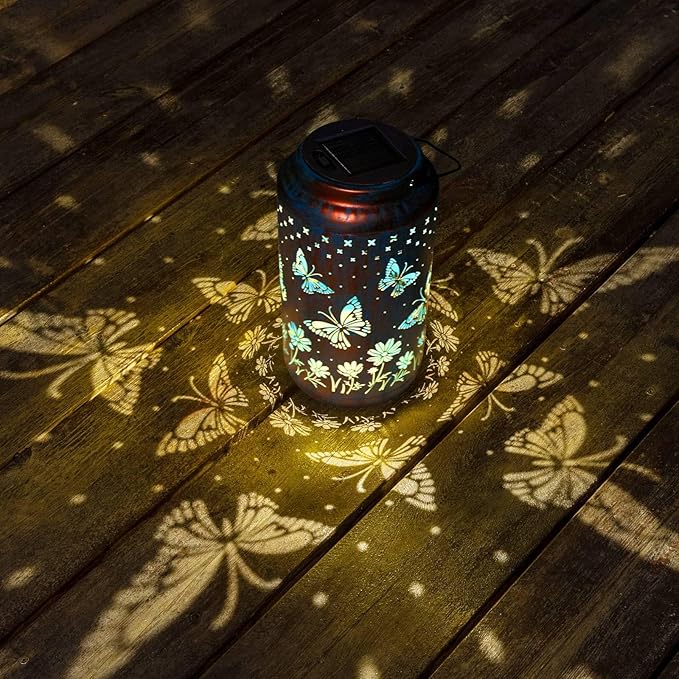 pearlstar Butterfly Lantern Outdoor Solar Hanging Lantern Waterproof Solar Light Decorative for Table Patio Yard Garden Lawn Landscape Lighting, Gardening Gifts for Women Mon (Blue)