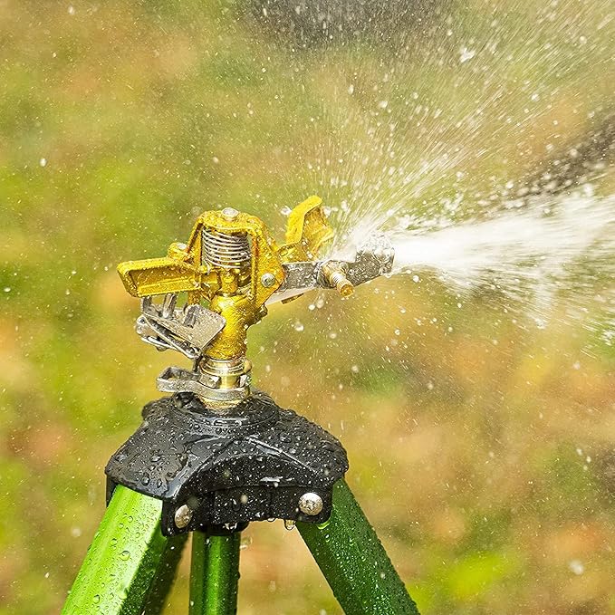 Biswing Impact Sprinkler Head on Tripod Base, Extends Up to 50 Inch Heavy Duty Lawn Sprinkler, 360 Degree Large Area Irrigation, Adjustable Coverage Brass Nozzle Alloy Metal Tower Sprinkler, 1 Pack