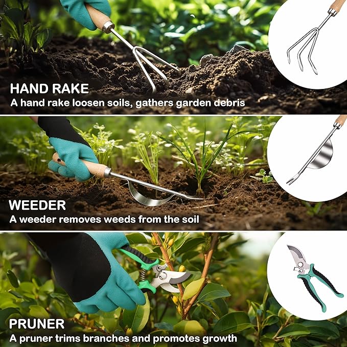 Gardening Hand Tool Kit 14PCS Heavy Duty Stainless Steel Garden Tool Set with Floral Garden Tote -Outdoor Gardening Transplanting Gifts for Woman