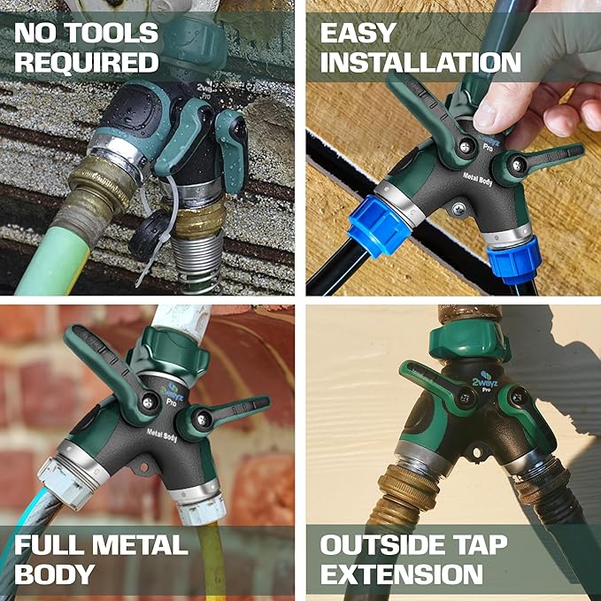 2WAYZ Hose Splitter 2 Way Heavy Duty - Outdoor Faucet and Garden Hose Splitter - Durable Water Spigot Splitter Y Adapter - All-Metal Water Hose Connector with Shut-Off Valve - 4 x 4 x 1.5 Inches
