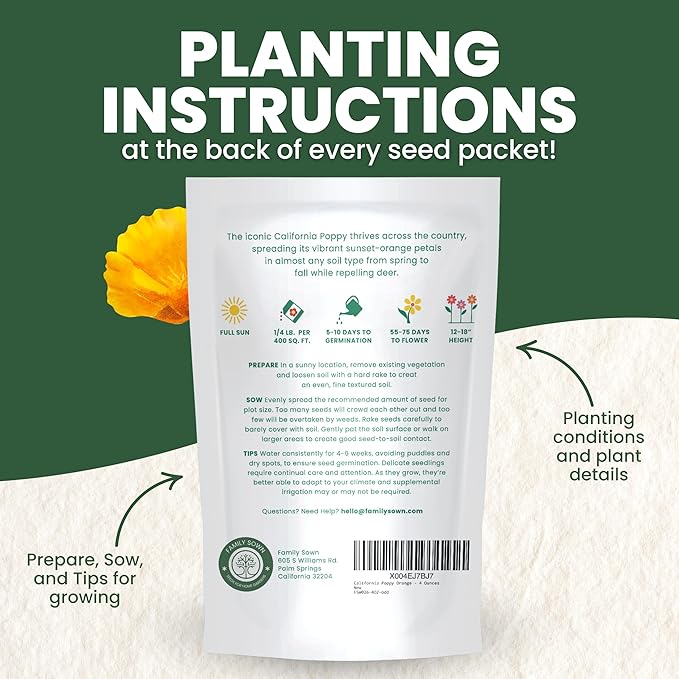 California Poppy Orange - Bulk 1/4 Pound Pouch - 80,000 Flower Seeds for Planting - Eschscholzia californica
