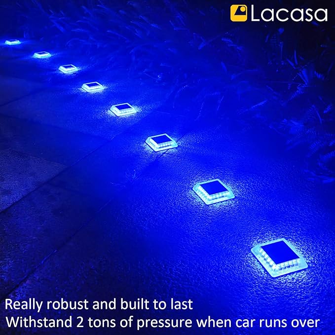 Lacasa Solar Deck Lights, 4 Pack 30LM LED Dock Lights Blue Light, Outdoor Solar Powered Step Lights Light up All Night IP68 Waterproof Auto ON/Off for Garden Stairs Driveway Pathway Lighting
