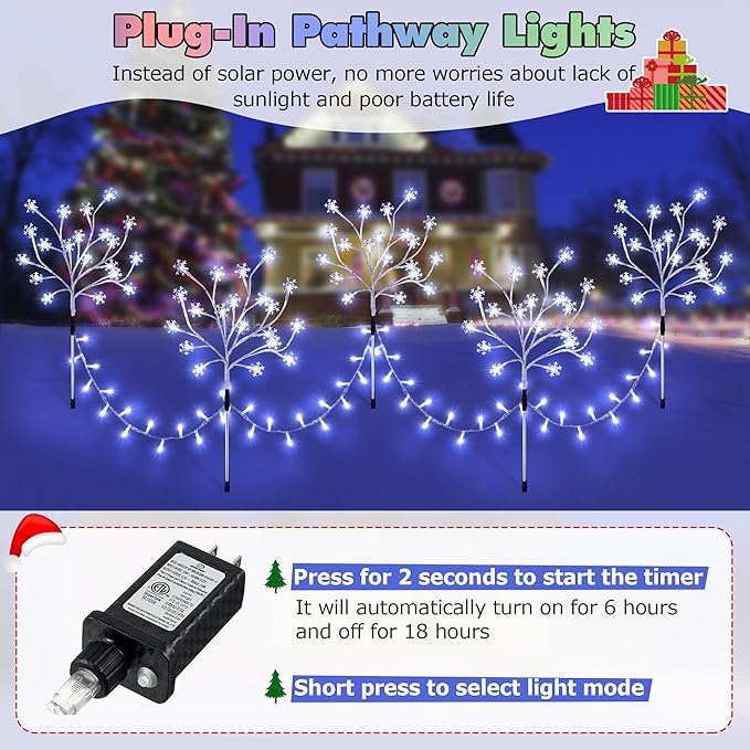 Enhon 5 Pack Snowflake Christmas Pathway Lights, 180 LED Garden Stake Lights with 8 Light Modes and Timer Function, Waterproof Xmas Decoration Tree Light for Outdoor Yard Lawn Patio Decor (Cool White)