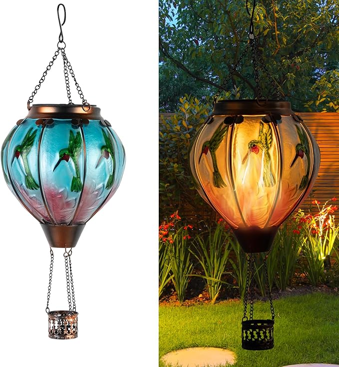 Hummingbird Hot Air Balloon Hanging Solar Lantern Lights, Flickering Flame Solar LED Candle Lights Outdoor Garden Decorative Metal & Glass Waterproof Lanterns for Yard Patio Farmhouse Decoration