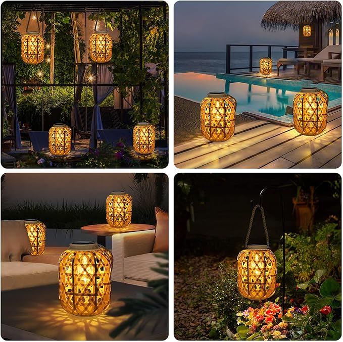 Solar Rattan Lantern Outdoor Hanging Lights with Handle, Waterproof Rattan Solar Lantern, Natural Bamboo LED Decorative Garden Lights for Yard, Patio, Wedding, Home Decoration