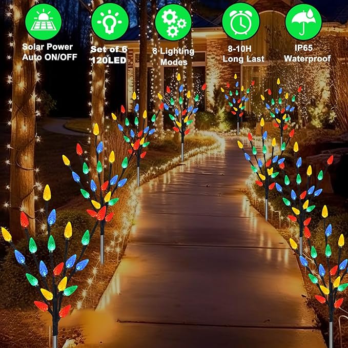 Upgraded 6 Packs 120 LED C6 Solar Christmas Lights, Outdoor Christmas Decorations Yard Lights, 8 Modes Waterproof Christmas Pathway Lights for Christmas Decorations Outdoor Yard Patio Cemetery Grave