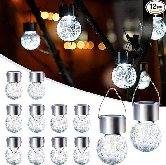GIGALUMI 12 Pack Solar Outdoor Lights, Solar Hanging Lights for Christmas Decoration-Cracked Glass Solar Lights Outdoor Waterproof for Garden, Yard, Fence, Tree(Cold White)