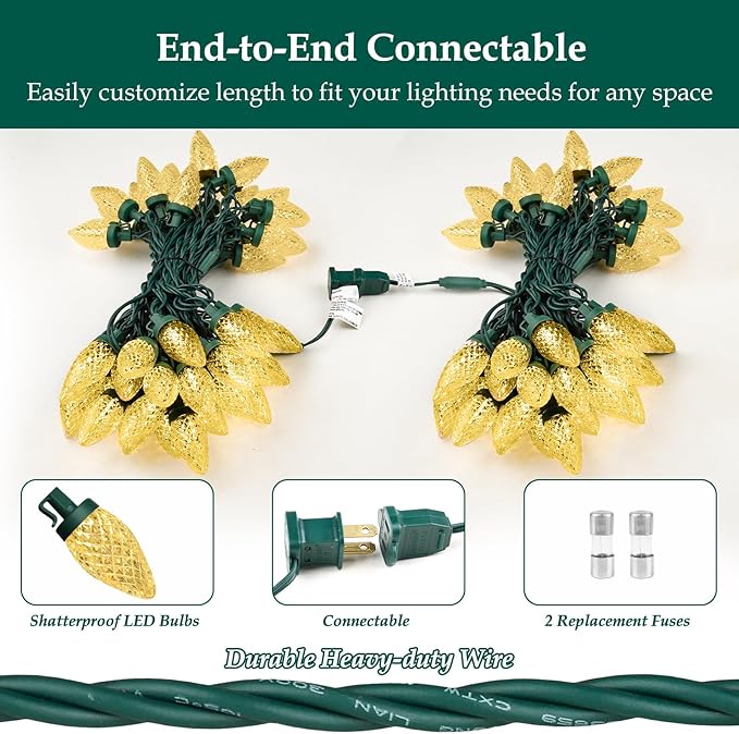 C9 LED Christmas Lights, 34FT 50 Bulbs Outdoor Christmas Decorations for House Waterproof String Lights Extendable Green Wire Fairy Lights for Patio Xmas Garden Party Wedding Holiday Indoor Warm White