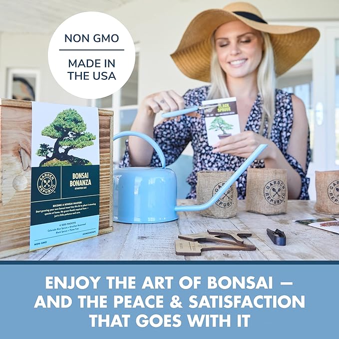 Bonsai Tree Seed Starter Kit - Mini Bonsai Plant Growing Kit, 4 Types of Seeds, Potting Soil, Jute Bags, Pruning Shears Scissor Tool, Plant Markers, Wood Gift Box, Day Gardening Gifts for Women