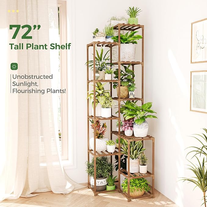 Bamworld 72" Tall Plant Shelf Indoor Outdoor Corner Plant Stand Large Plant Table Wood Plant Holder for 10 Pots Multiple Plants Patio Balcony Garden Office Home Decor