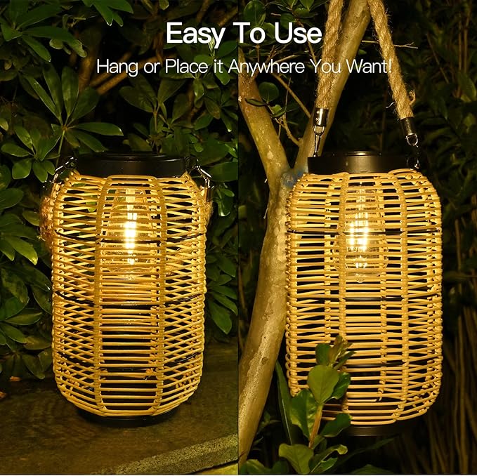 Solar Lantern Outdoor Hanging Lights, Large Solar Rattan Lantern Outdoor Waterproof with Twine Handle, Bright Outdoor Lanterns with Edison Bulb for Garden Patio Yard Tabletop Decoration