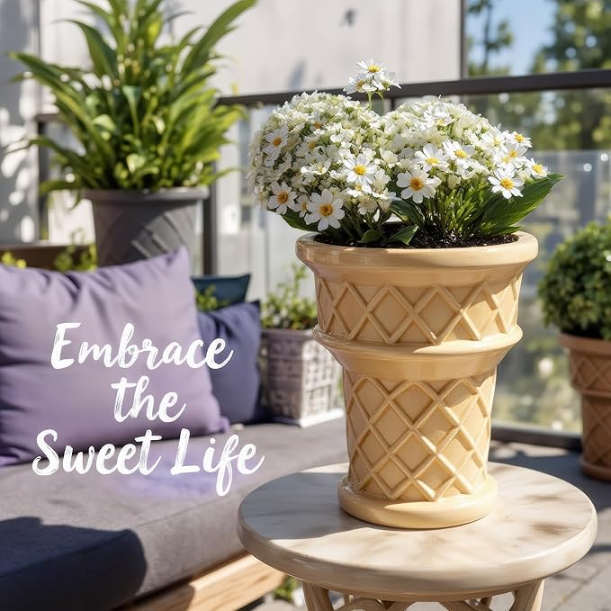 Fun & Unique Giant Ice Cream Cone Planter & Vase Quirky Large Ceramic 12” Tall Indoor Outdoor Vase for Plant Lovers – Perfect for Multiple Plants or Statement Garden Art