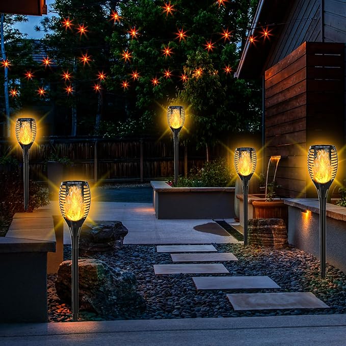 Upgraded Solar Lights Outdoor 4 Pack, Solar Torch Lights with Flickering Flame, Super Larger Size for Garden Decor, Solar Powered Outdoor Waterproof Solar Garden Lights for Pathway Patio Yard