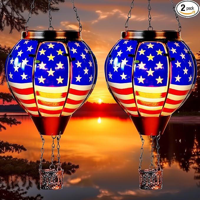 2 Pack Solar Hot Air Balloon Lantern with Flame, Hot Air Balloon Christmas Halloween Outdoor Decorations for Garden Decor, Glass Large Hanging Outdoor Decor,Solar Lantern Waterproof, Flag Decorations