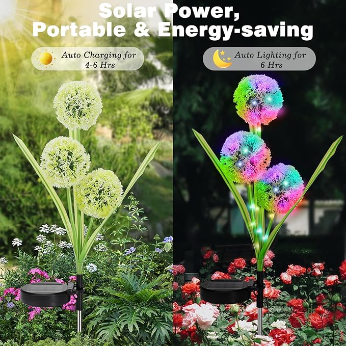 4 Pack Solar Garden Lights, Solar Flowers Lights with 4 Blooming Dandelion Flowers, Waterproof Solar Lights Outdoor for Yard Porch Patio Backyard Pathway Gardening Gifts, 2 Lighting Modes