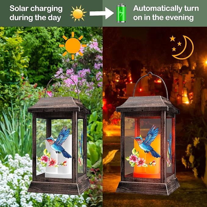 Solar Lanterns, Hummingbird Outdoor Hanging Lanterns, Metal Solar Lights, Gardening Gift for Mom Women Mother's Day, Garden Decor for Outside Porch Table Patio Yard, Grave Decorations for Cemetery