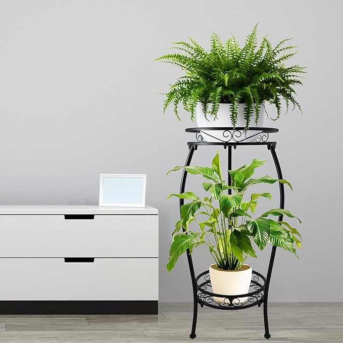 CASIMR 2 Tier Plant Stand Indoor Outdoor, 26.6" Tall Metal Potted Holder Rack Multiple Flower Pot Stand Heavy Duty Plant Shelf Rustproof Iron Plant Round Supports Rack