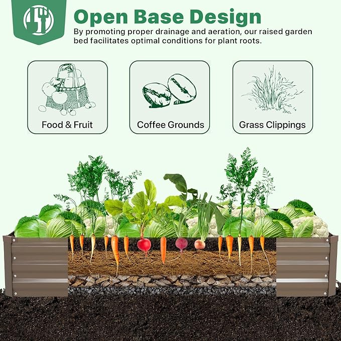 ONCEMORE Galvanized Raised Garden Bed for Vegetables Flowers Herbs, Metal Raised Garden Bed Kit with 2 PCS Tomato Cage, Gloves, Trellis Netting, Plant Labels, Plant Ties, Brown 6×3×1FT