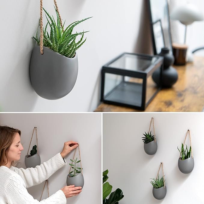 Wall Planters -Ellie- | Hanging Ceramic Plant Pots 3 Pieces | Wall Decoration for Indoors, Balcony and Garden | Grey (Matte)