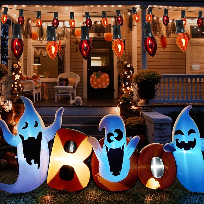 25Ft C7 Halloween Orange Purple String Lights Outdoor, Christmas Decorations Patio Lights with 25 Orange/Purple Flickering Flame Lights Waterproof UL Listed for Outdoor Party Garden Bistro Roof Decor