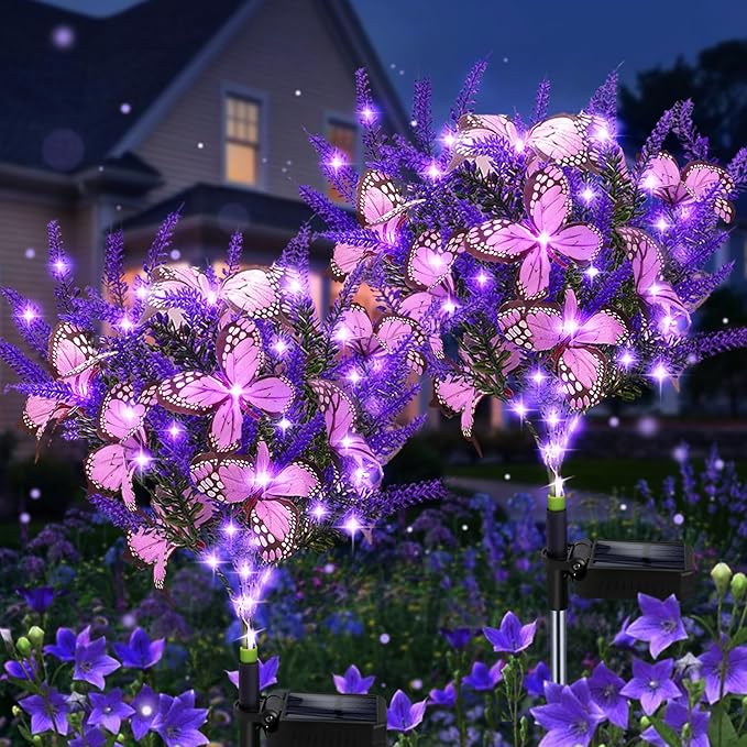 Solar Garden Lights Outdoor, 2 Pack Purple Lavender Solar Butterfly Lights Gardening Gifts for Women, Solar Artificial Flower with Butterfly Purple Garden Decor for Lawn Patio