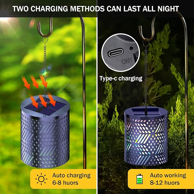 RGB Solar Lanterns Outdoor Waterproof Hanging Solar Lights Gifts for Men Women Metal Decorative LED Lanterns for Yard, Patio, Lawn, Tabletop, Pathway, Landscape, Garden Decor Diamond Pattern (2 Pack)