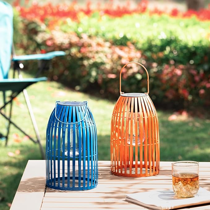 Set of 2 Solar Lantern Outdoor Waterproof Hanging Metal Birdcage Shaped Lantern Decorative Solar Light for Garden Yard Patio Porch, Orange