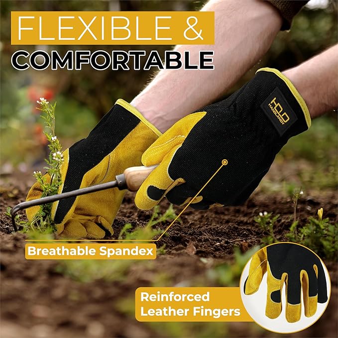 HANDLANDY Men Leather Gardening Gloves, Utility Work Gloves for Mechanics, Construction, Driver, Dexterity Breathable Design