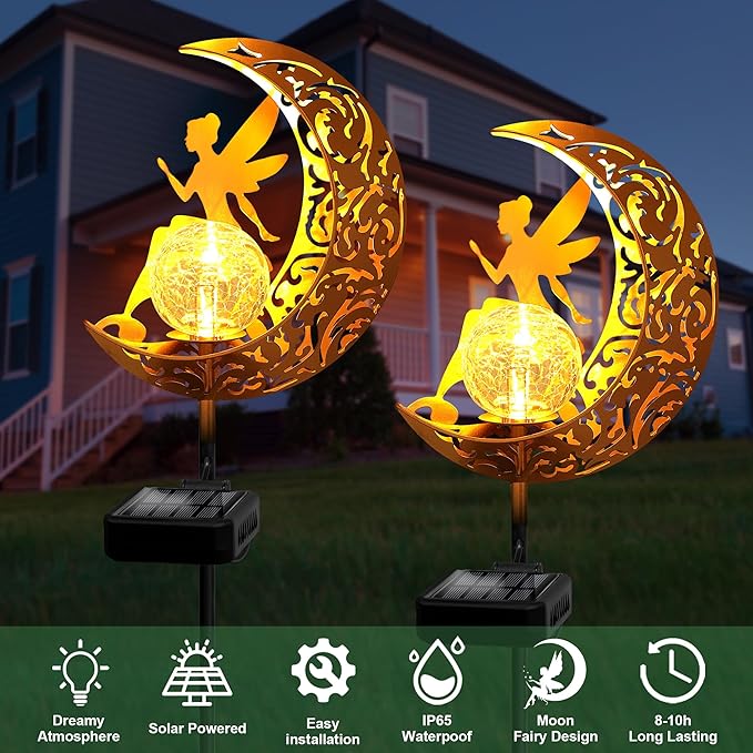 Garden Solar Lights Outdoor Decorative, Moon & Fairy Solar Stake Crackle Glass Globe, Gardening Gifts for Women, Garden Stake Lights Waterproof for Walkway, Yard, Lawn, Patio (Warm White)