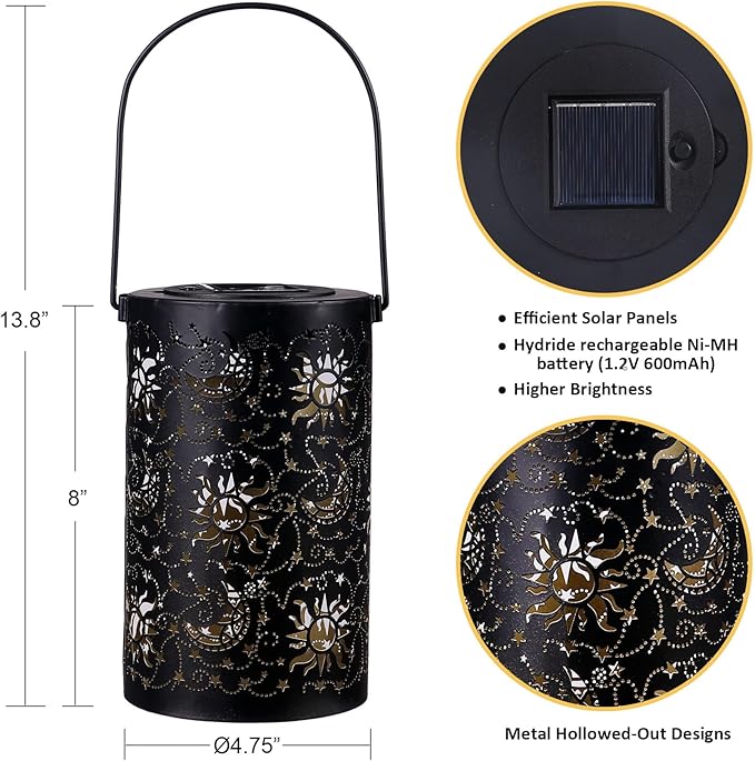 Solar Lanterns Outdoor Hanging Waterproof Metal Sun Moon Star Pattern Lanterns for Garden Patio Yard Lawn Front Porch Decor as Birthday Gifts for Mom Grandma Women