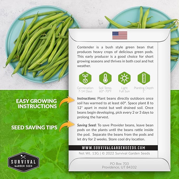 5 Packs Contender Bush Bean Seed for Planting with Instructions to Grow Delicious & Stringless Green Beans in Your Home Vegetable Garden - Non-GMO Heirloom - Survival Garden Seeds