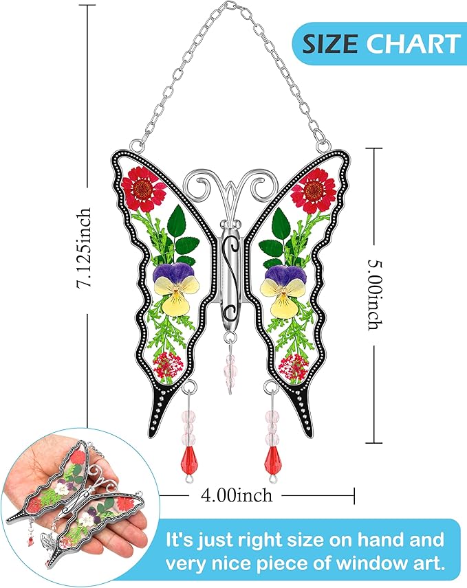KY&BOSAM Butterfly Suncatcher DIY Gifts for Mom Ornament for Window Pressed Flower Between Wings Glass Metal Engraved No Charm Gifts for Mom Mother's Day Valentine's Birthday Thanksgiving Christmas