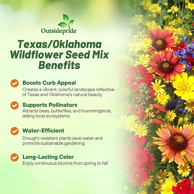 Outsidepride Texas & Oklahoma Wildflower Seed Mix - 5 lbs. Drought-Tolerant, Blend of Annual & Perennial Flower Seeds for Vibrant, Pollinator-Friendly Gardens, Thrives in Full Sun & Well-Drained Soil